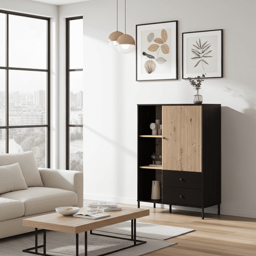 Correze Slatted Artisan Oak Effect And Black Low Showcase Display Cabinet 11013545 RZ