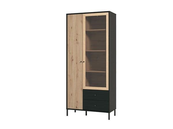 Correze Slatted Artisan Oak Effect And Black Tall 2 Door Display Unit Cabinet - 11013529 RZ