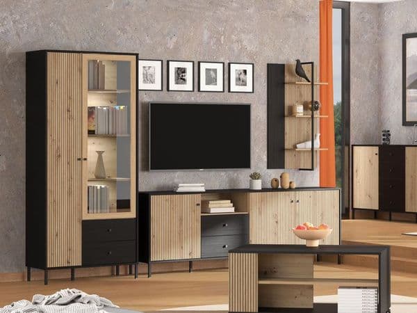 Correze Slatted Artisan Oak Effect And Black Tall 2 Door Display Unit Cabinet - 11013529 RZ