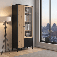 Correze Slatted Artisan Oak Effect And Black Tall 2 Door Display Unit Cabinet - 11013529 RZ