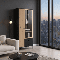 Correze Slatted Artisan Oak Effect And Black Tall 2 Door Display Unit Cabinet - 11013529 RZ