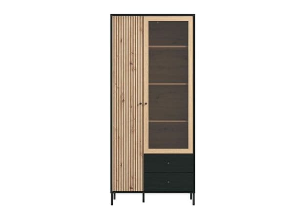 Correze Slatted Artisan Oak Effect And Black Tall 2 Door Display Unit Cabinet - 11013529 RZ