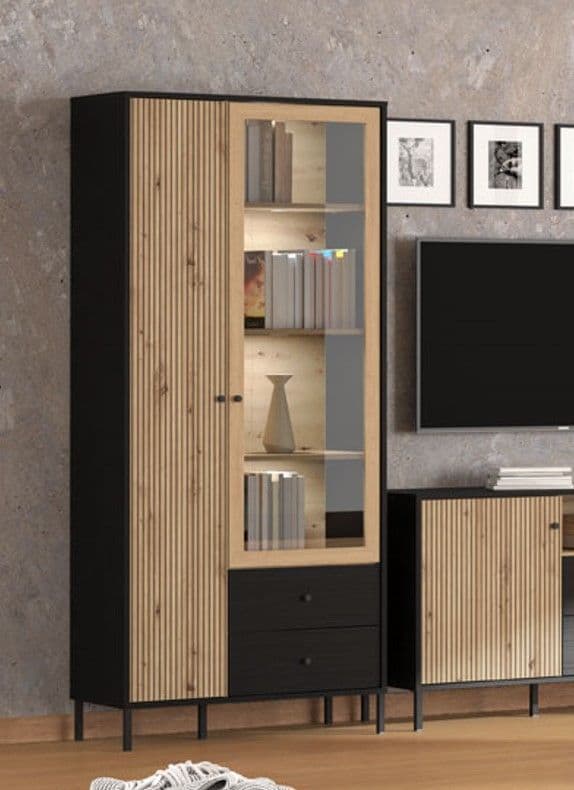 Correze Slatted Artisan Oak Effect And Black Tall 2 Door Display Unit Cabinet - 11013529 RZ
