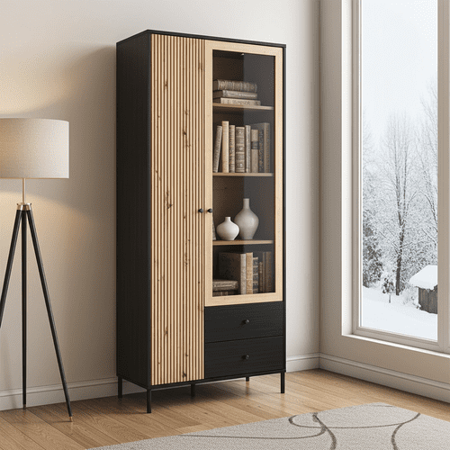Correze Slatted Artisan Oak Effect And Black Tall 2 Door Display Unit Cabinet - 11013529 RZ