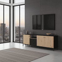 Correze Slatted Artisan Oak Effect And Black Wide TV Unit Cabinet With 3 Doors 11013530 RZ