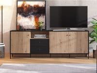 Correze Slatted Artisan Oak Effect And Black Wide TV Unit Cabinet With 3 Doors 11013530 RZ