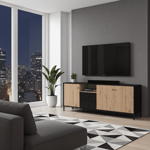 Correze Slatted Artisan Oak Effect And Black Wide TV Unit Cabinet With 3 Doors 11013530 RZ