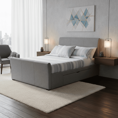 Coruña Light Grey Fabric Double Bed with 2 Drawers JB135
