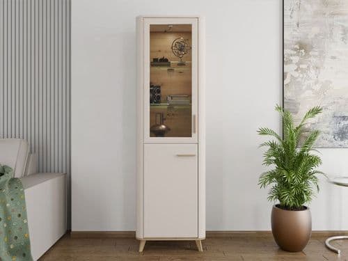 Darwen Cashmere And Oak Effect Tall Slim 2 Door Showcase Display Cabinet Unit - 11014451 RZ
