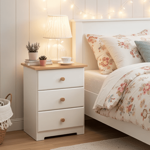 Denver Soft Cream & Oak 3 Drawer Bedside Cabinet CL510