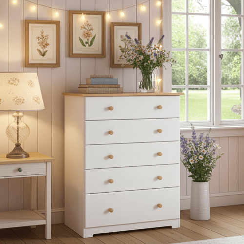 Denver Soft Cream & Oak 5 Drawer Chest CL515