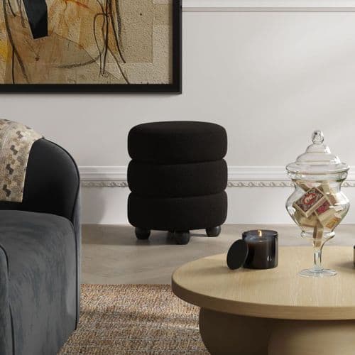 Emira Black Boucle Fabric Round Pouffe - 25LD
