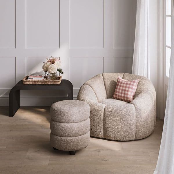 Emira Buff Boucle Fabric Round Pouffe - 25LD