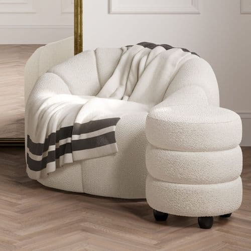 Emira Ivory Boucle Fabric Round Pouffe - 25LD