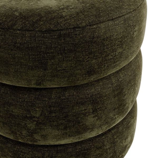 Emira Olive Chenille Fabric Round Pouffe - 25LD
