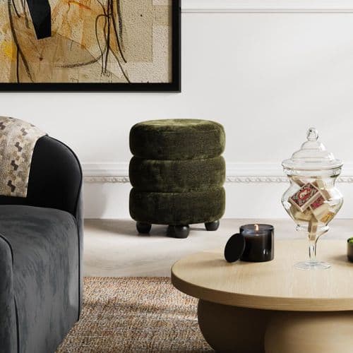 Emira Olive Chenille Fabric Round Pouffe - 25LD