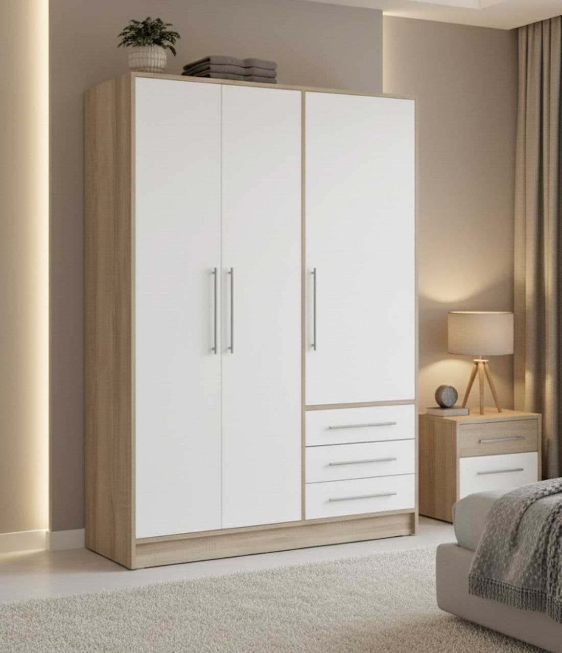 Essen 3 Door Wardrobe With Drawers White and Oak Effect 145cm 2990