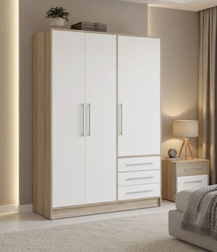 Essen 3 Door Wardrobe With Drawers White and Oak Effect 2990