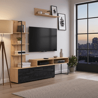 Evora Artisan Oak Effect And Black Entertaiment Center Wall TV Cabinet - 11011202 RZ