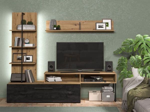 Evora Artisan Oak Effect And Black Entertaiment Center Wall TV Cabinet - 11011202 RZ
