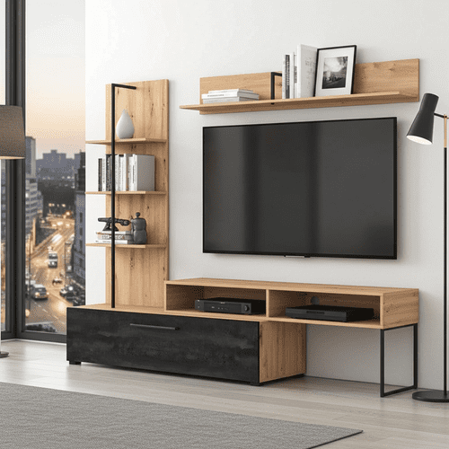Evora Artisan Oak Effect And Black Entertaiment Center Wall TV Cabinet - 11011202 RZ