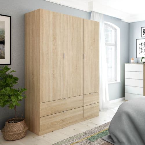 Evora Canadian Oak Effect 3 Door 4 Drawer Space-Saving Wardrobe 135cm Wide - LCX453F