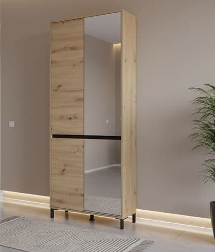 Flannan Oak Effect Half Mirrored 40 Pair Tall Large Shoe Cabinet Cupboard - 11014079 RZ