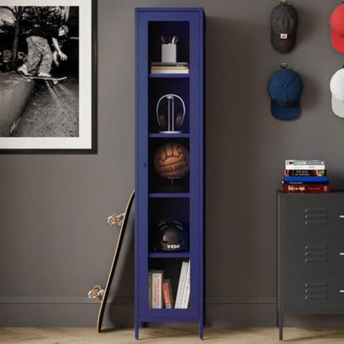 Franq Classic Blue Steel Industrial Tall Slim Display Cabinet Unit 25LD