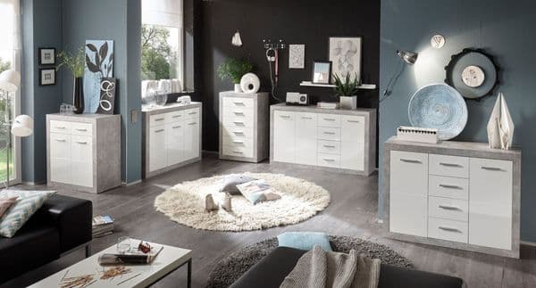Greystone Concrete Grey and White High Gloss Large Sideboard with Drawers P9BBGS45