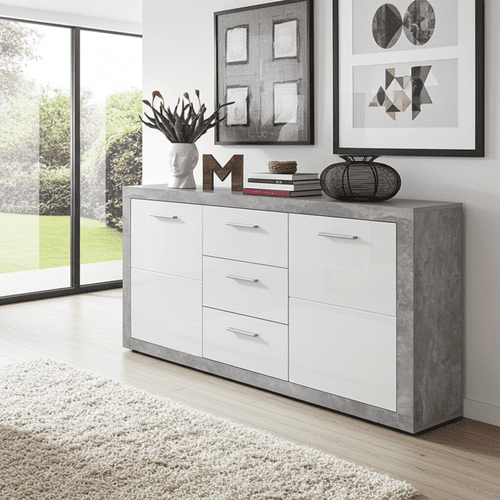 Greystone Concrete Grey and White High Gloss Large Sideboard with Drawers P9BBGS45