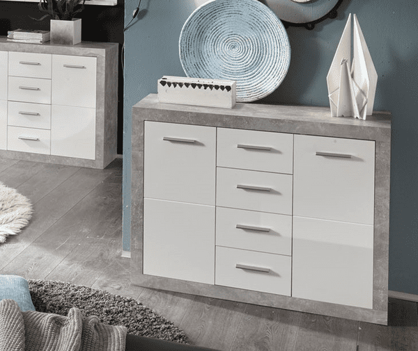 Greystone Concrete Grey and White High Gloss Sideboard 117cm Wide P9BBGS56