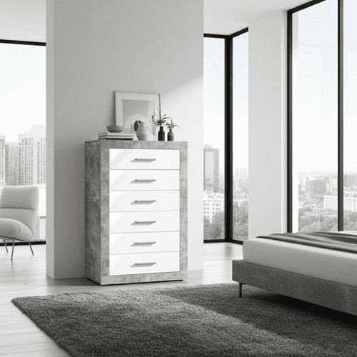 Greystone Concrete Grey and White High Gloss Tallboy Chest of Drawers P9BBGS46