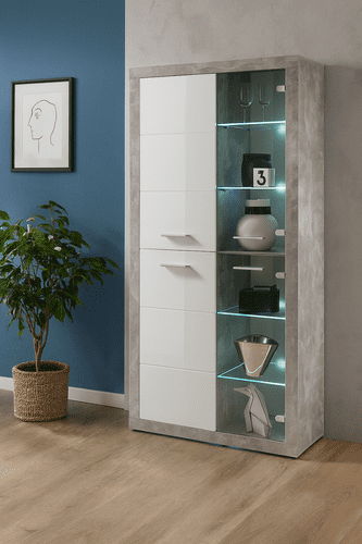 Greystone High Gloss White With Grey Display Cabinet 2 Doors with LED's