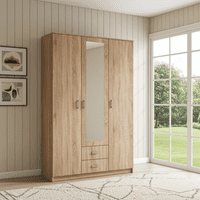 Hana Oak Effect 3 Door 2 Drawer Triple Wardrobe with Mirror 120cm
