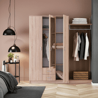 Hana Oak Effect 3 Door 2 Drawer Triple Wardrobe with Mirror 120cm