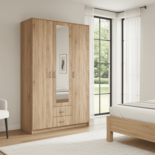 Hana Oak Effect 3 Door 2 Drawer Triple Wardrobe with Mirror 120cm