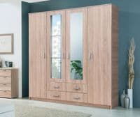 Hana Oak Effect 4 Door 2 Drawer Large Wardrobe with Mirrors 160cm