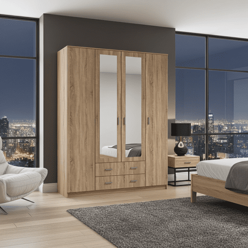 Hana Oak Effect 4 Door 2 Drawer Large Wardrobe with Mirrors 160cm