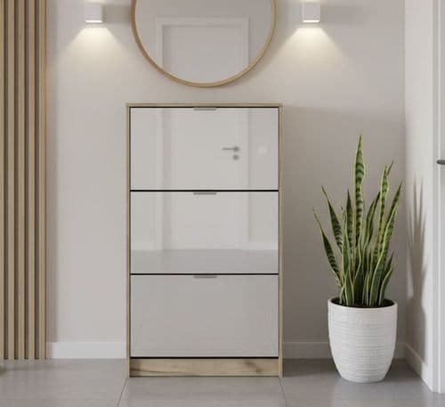 Hugo 3 Drawer Mirrored and Oak Effect Shoe Storage Cabinet - 11008519