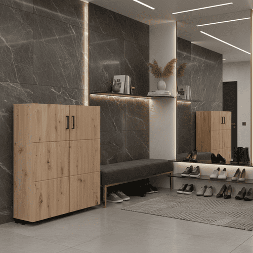 Islay Artisan Oak Effect 2 Winged Door Low Short 91.5cm Wide Shoe Cabinet Cupboard - 11015044 S/O