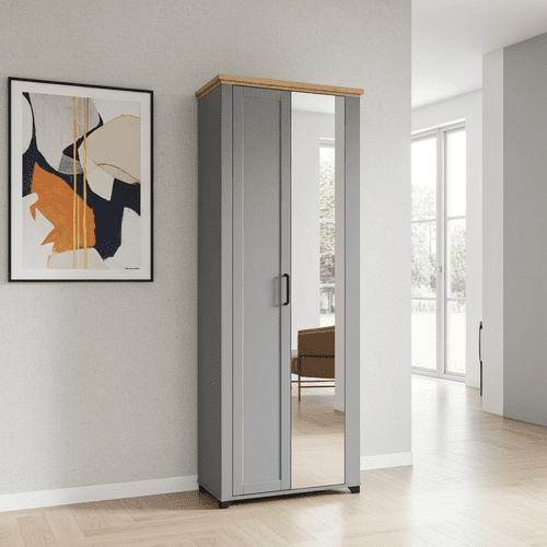Kingston Grey And Artisan Oak Slim Narrow Shallow Depth Mirrored Wardrobe 75cm - 11011371