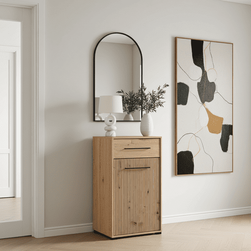 Landes Slatted Artisan Oak Effect 1 Door Low Narrow Hallway Sideboard Storage Unit - 11013433 RZ