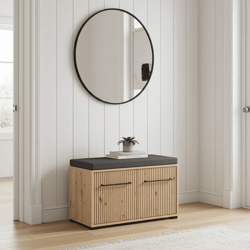 Landes Slatted Artisan Oak Effect 2 Door Compact Hallway Shoe Storage Bench - 11013432 RZ