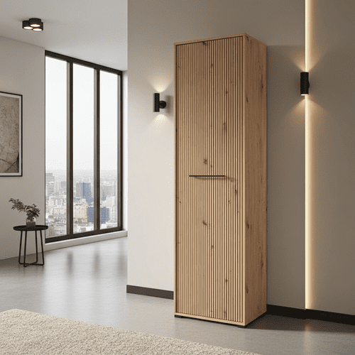 Landes Slatted Artisan Oak Effect Tall Narrow Shallow Depth Wardrobe for Small Spaces 11013431 RZ