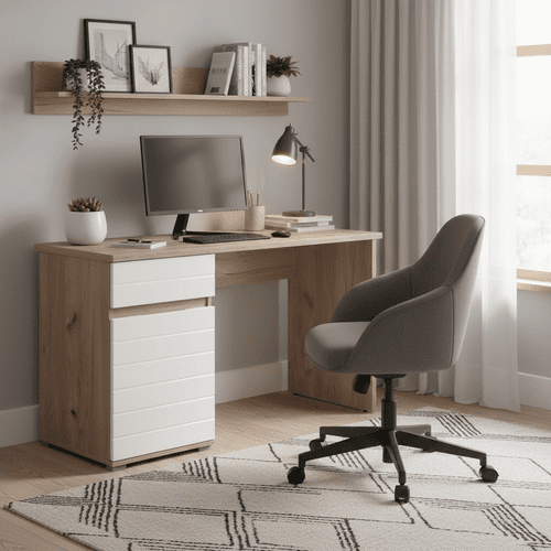 Langley Oak and White Gloss Desk With Drawer and Cupboard