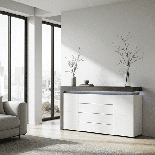 Lathea 2 Door 4 Drawer Large Modern Grey and White Gloss Sideboard With Lights - WHK-3- N13