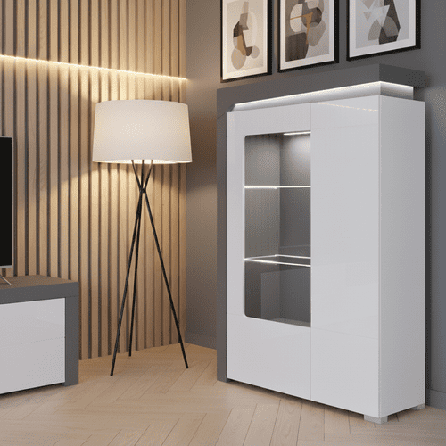 Lathea White High Gloss And Grey Low Wide Display Cabinet With LED Lights WHW-2L-N14