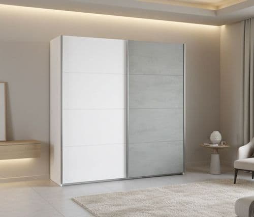 Lido White and Concrete Grey Effect Sliding 2 Door Wardrobe 150cm Wide - ARM154A