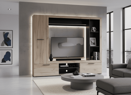 Lorca Grey Oak Effect And Black Compact Entertaiment Unit Wall TV Cabinet - 11014757 RZ