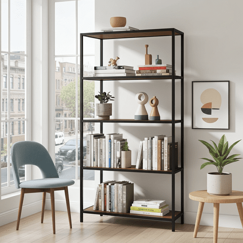 Lourdes Rustic Wood Effect With Black Metal Tall Bookcase 22LD378